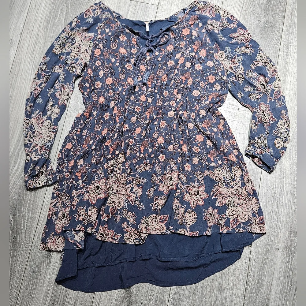 Free people Boho Paisley Blue Floral Lucky Loosey hang Swing Shift dress Large - Picture 3 of 9